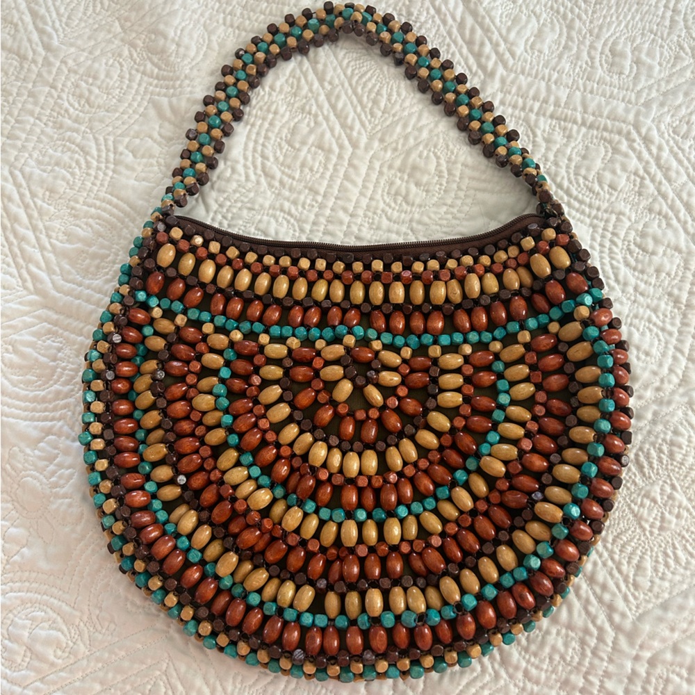 BOHEMIAN HANDBAG WITH BROWN AND TURQUOISE WOODEN BEADS